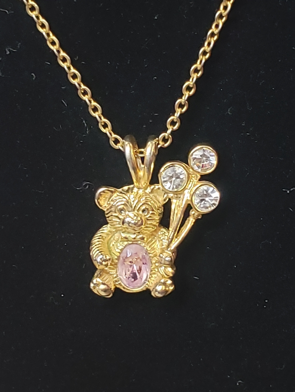 VINTAGE DM 99 David Marks Goldtone Birthstone Bear Necklace Pink October